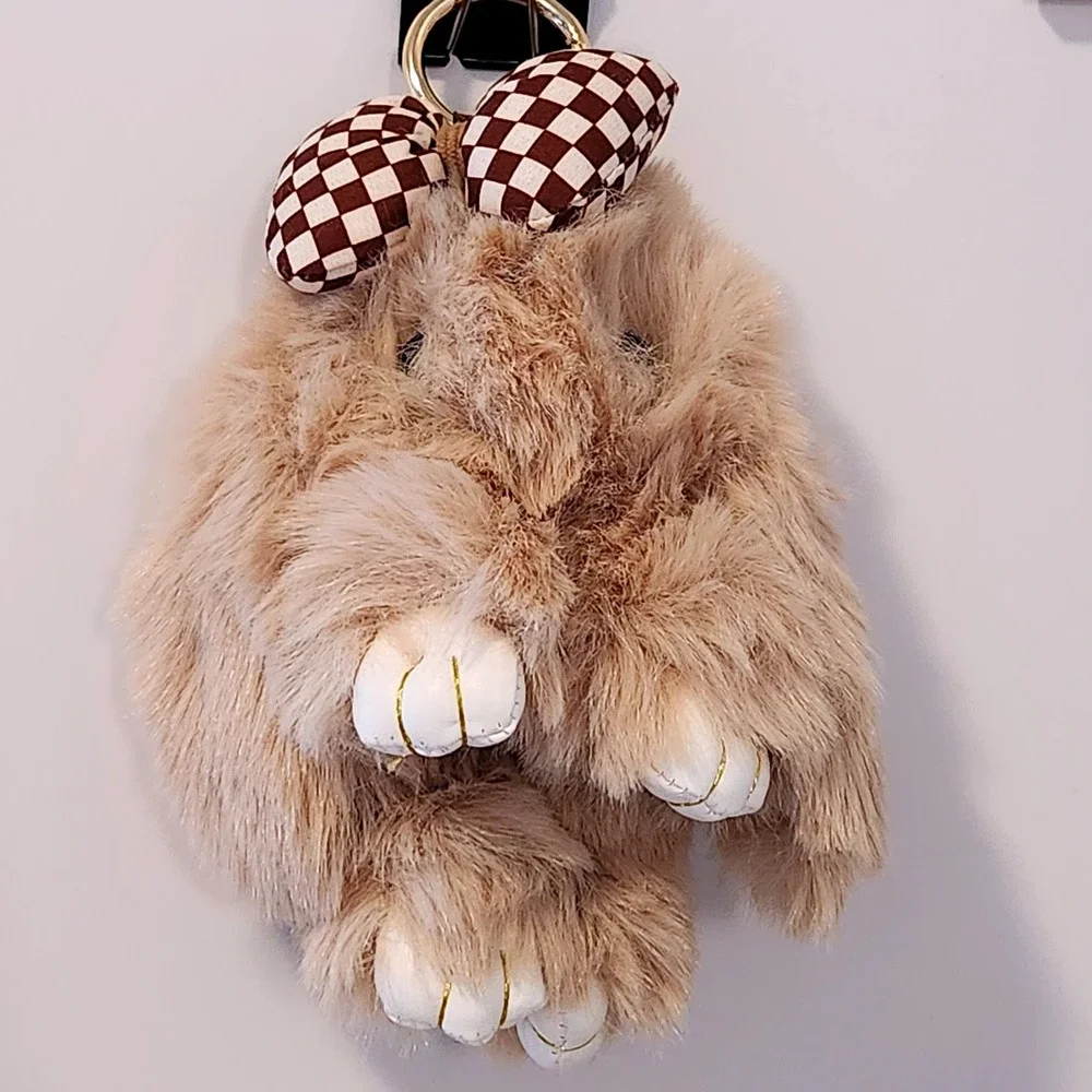Tan Faux Fur Bunny Rabbit Bag Charm Gold Ring Checkered Bow Keychain 5 Inch